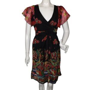 DESIGUAL Wrap Dress, S, Juliette, Black/Floral print, Flutter short sleeve